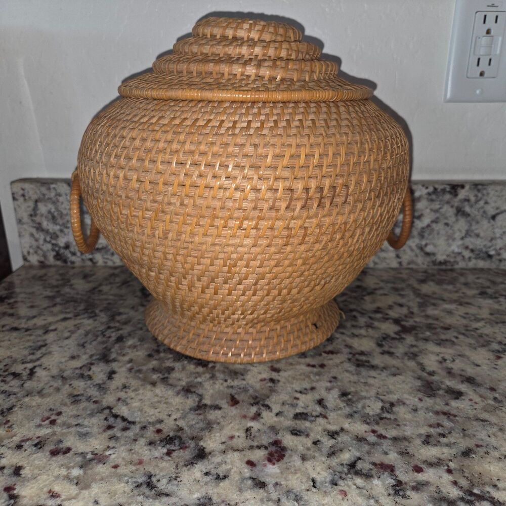 Round Rattan Wicker Basket Box with Lid Storage Decor
